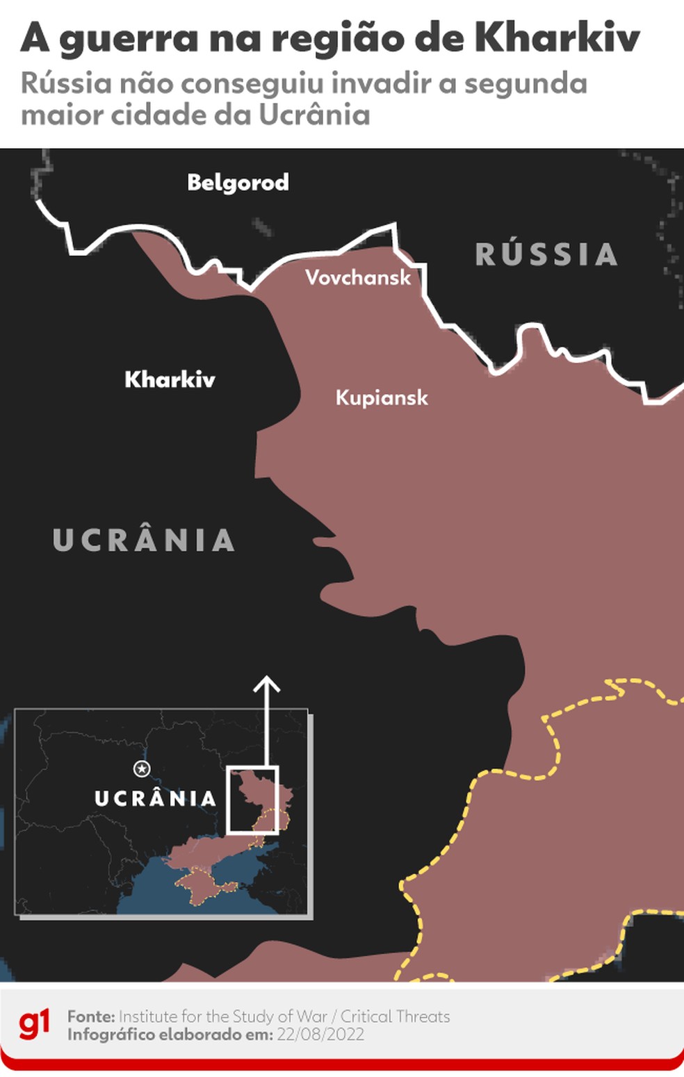 Mapa mostra o confronto na região de Kharkiv — Foto: g1