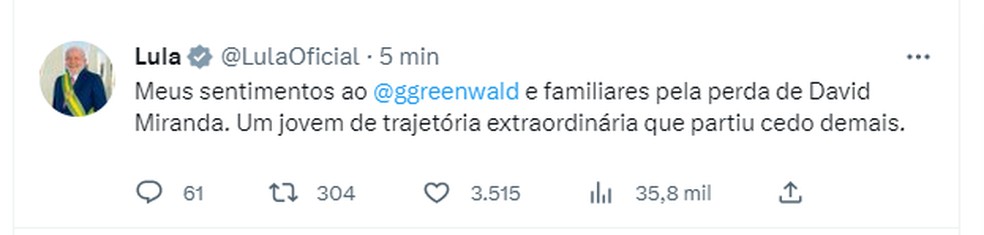 Publicação feita por Lula sobre David Miranda — Foto: Reprodução/Twitter