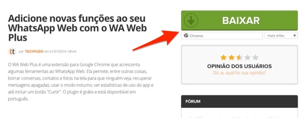 Ação para acessar a página de download da extensão WA Web Plus através do TechTudo — Foto: Reprodução/Marvin Costa