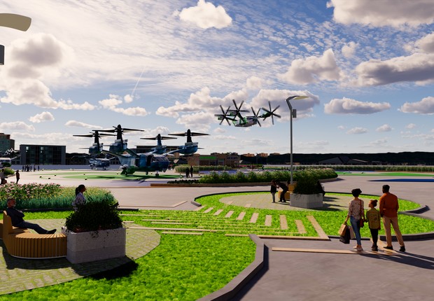 Projeto da Socicam de terminal para carros voadores (Foto: Socicam/divulgação)