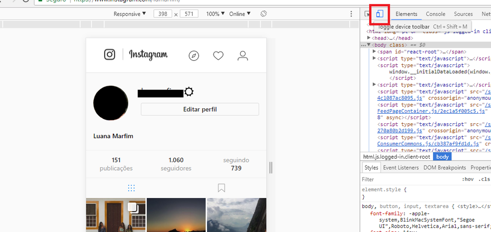 Para postar fotos no Instagram pelo PC, ative o modo nevagador mobile (Foto: Reprodução/Luana Marfim)