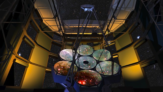 Ilustração projeto de Giant Magellan Telescope (GMT): instrumento terá 7 espelhos primários de 8,4 metros de diâmetro cada um, totalizando 25 metros de diâmetro. (Foto: Giant Magellan Telescope/Divulgação)