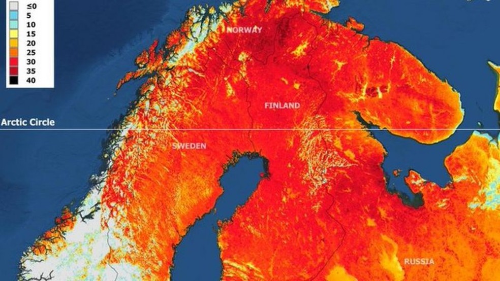 Mapa feito a partir de imagens de satélite divulgado pela Organização Meteorológica Mundial — Foto: WMO via BBC