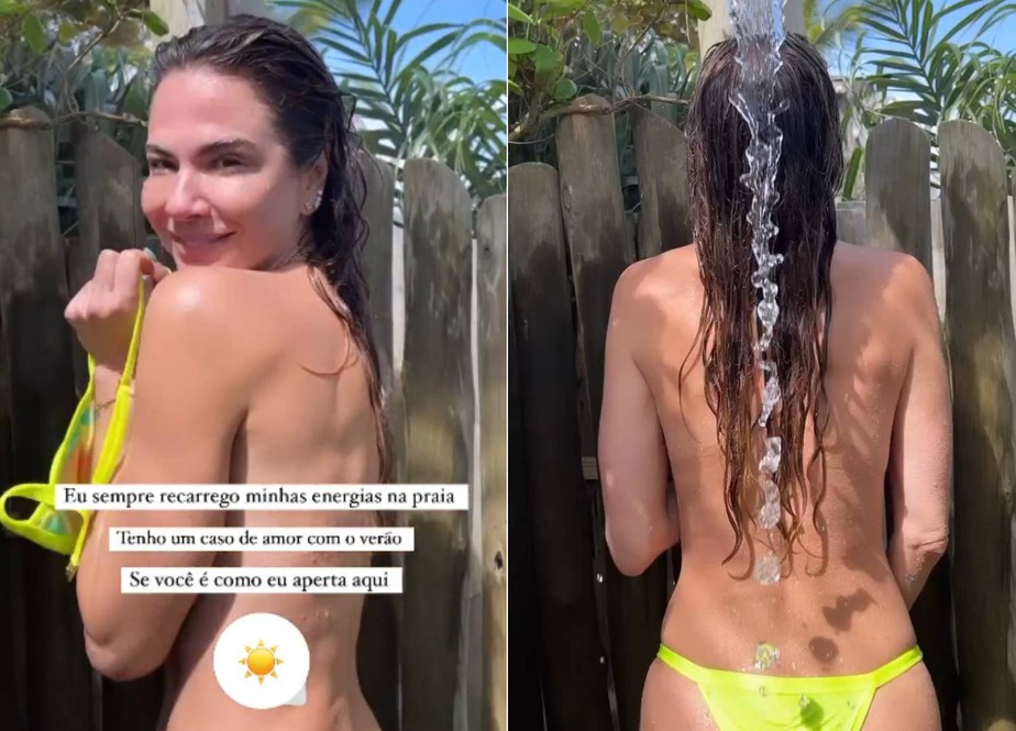 Luciana Gimenez toma ducha na praia