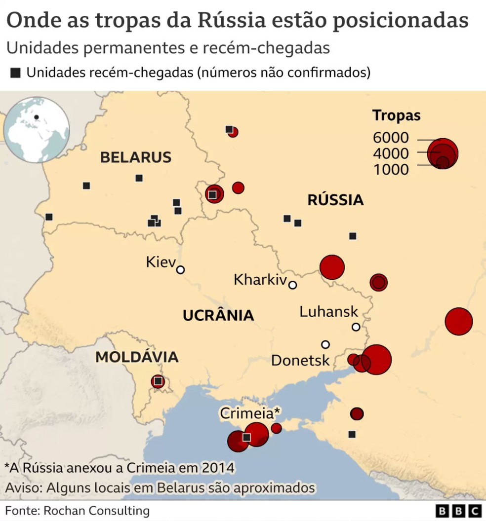 Onde as tropas da Rússia estão posicionadas — Foto: BBC