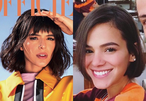 Antes e depois dos cabelos de Bruna Marquezine (Foto: Léo Faria e Reprodução/Instagram)