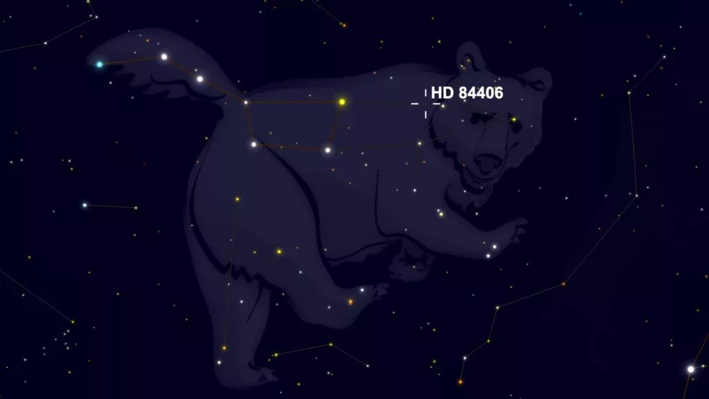 O primeiro alvo do Telescópio Espacial James Webb, uma estrela chamada HD 84406, está localizada na constelação da Ursa Maior (Foto: SkySafari )