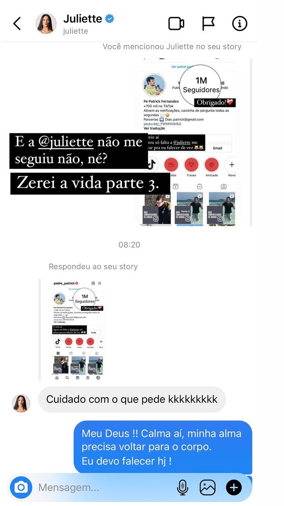 Padre Patrick comemora Juliette como seguidora  — Foto: Reprodução/Instagram