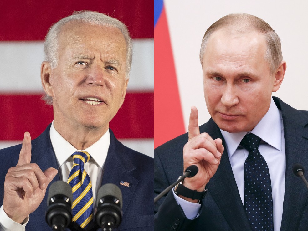 Montagem põe lado a lado o presidente americano Joe Biden e o presidente russo Vladimir Putin — Foto: AFP