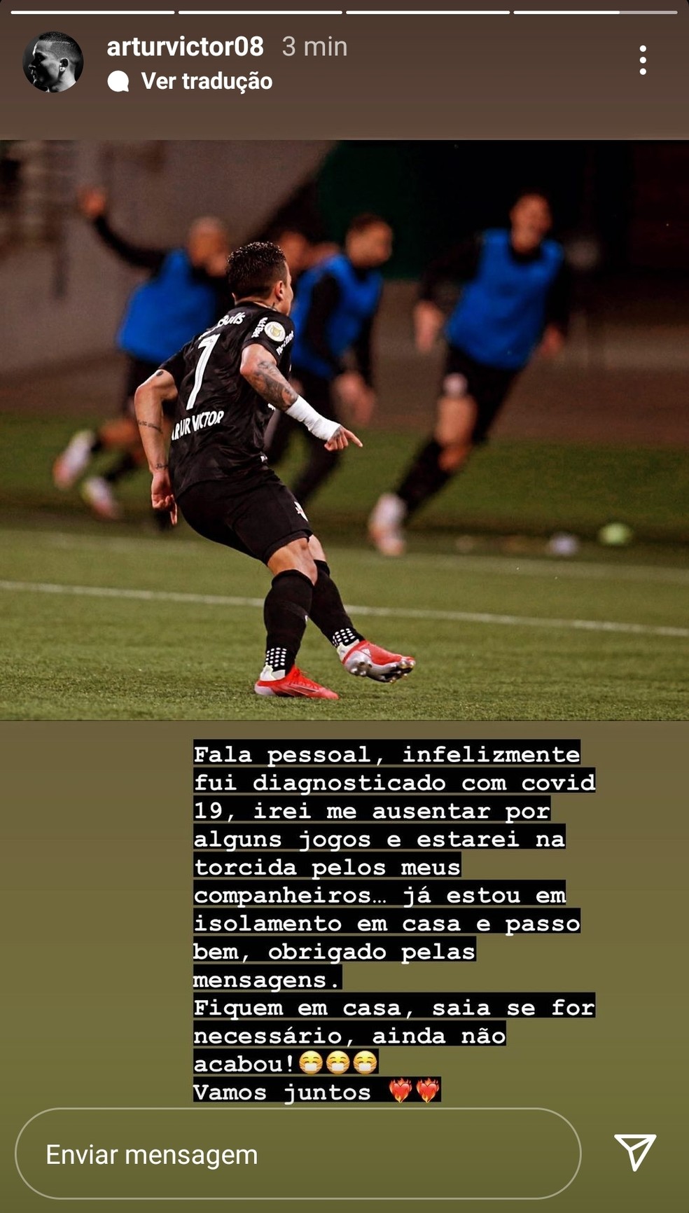 Artur, do Bragantino, faz publicação após ser diagnosticado com Covid-19 — Foto: Reprodução/Instagram