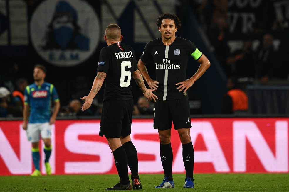 Capitão, Marquinhos lamenta gol do Napoli — Foto: AFP