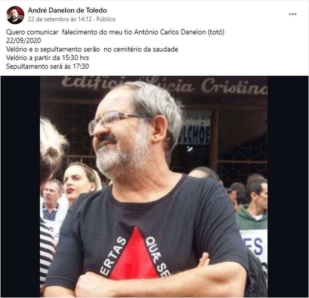 Comunicado de falecimento do assistente social Antônio Carlos Danelon, conhecido como Totó Danelon — Foto: Reprodução/ Facebook