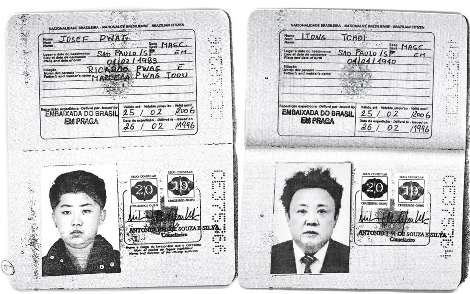 Cópias dos passaportes brasileiros com as fotos de Kim Jong-un e Kim Jong-il (Foto: Handout via Reuters)