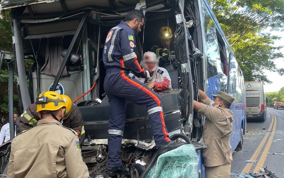Motorista fica ferido após ônibus bater na traseira de caminhão, em Posse — Foto: Reprodução/TV Anhanguera