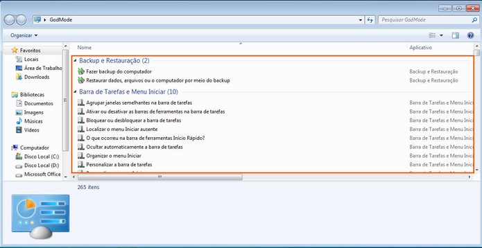 Confira a pasta com atalhos das configurações no GodMode do Windows 7 (Foto: Reprodução/Barbara Mannara)