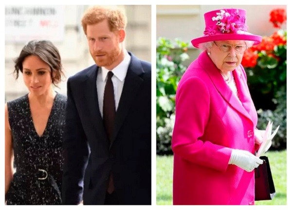 A atriz Meghan Markle, o Príncipe Harry e a Rainha Elizabeth 2ª (Foto: Getty Images)