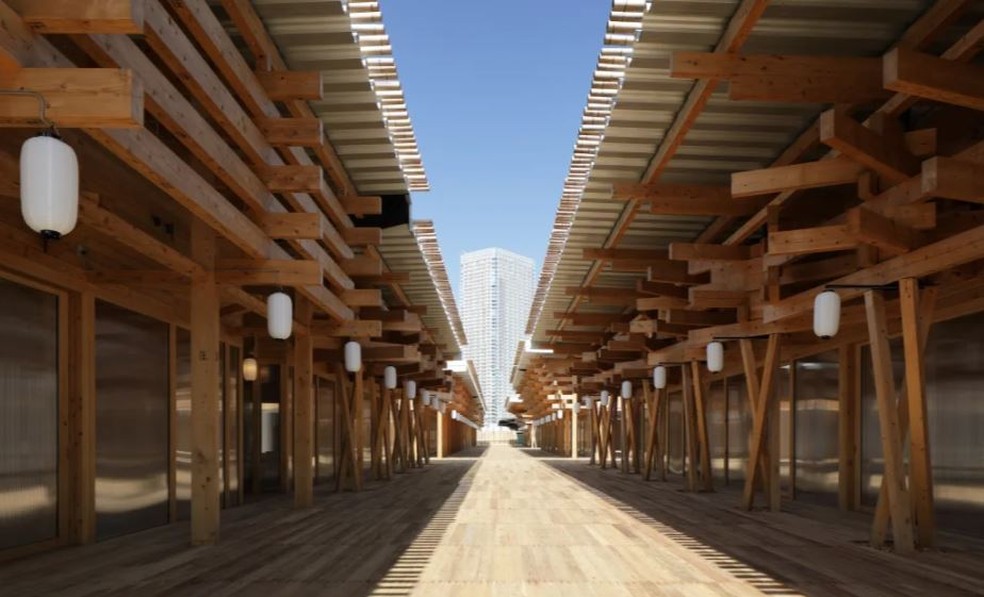 Jogos Olímpicos de Tóquio: materiais sustentáveis ​​em várias estruturas na Vila dos Atletas, incluindo camas de papelão reciclável. — Foto: Divulgação