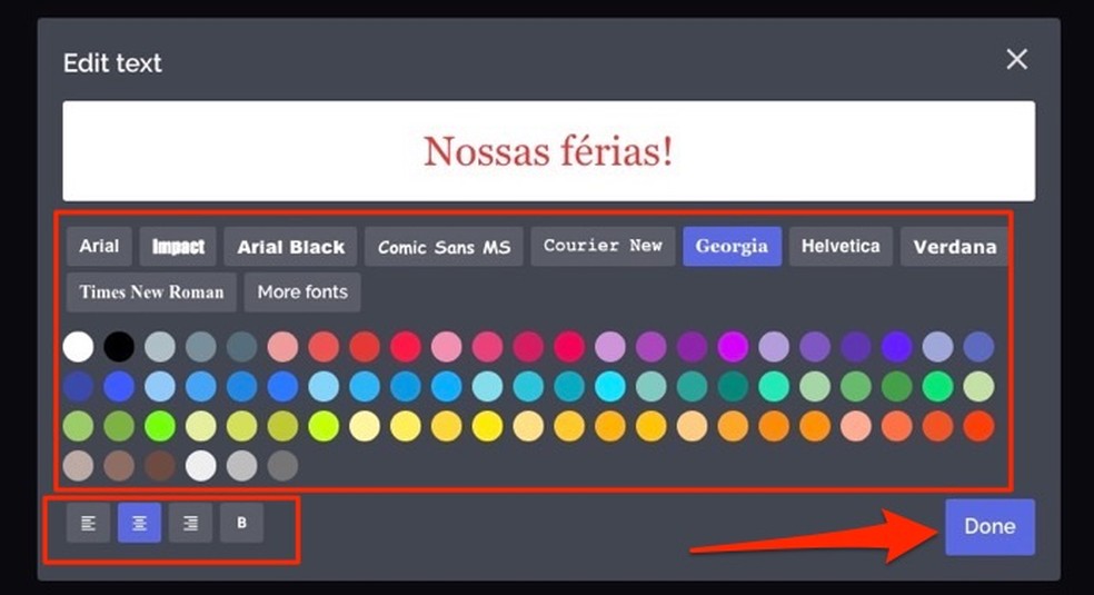 Ação para editar texto, fontes, cores e formatação de frases adicionadas em um slideshow — Foto: Reprodução/Marvin Costa
