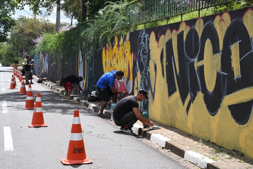 Intervenção artística em muro na Avenida Washington Luiz, no Jardim Paulista, em Presidente Prudente (SP), celebra o centenário da Semana de Arte Moderna — Foto: Marcos Sanches/Secom