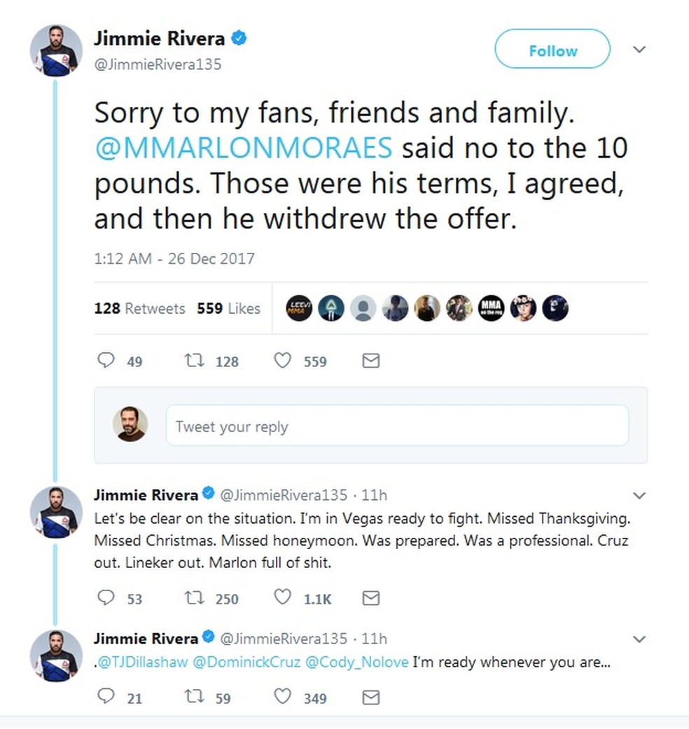Jimmie Rivera fez uma postagem em sua conta no Twitter lamentando a atitude de Marlon Moraes (Foto: Reprodução / Twitter)
