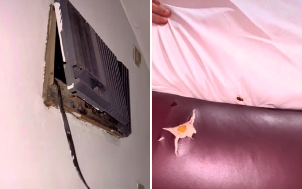 Ar-condicionado estragado e barata na cama estavam em motel de Aparecida de Goiânia, Goiás — Foto: Reprodução/Redes sociais