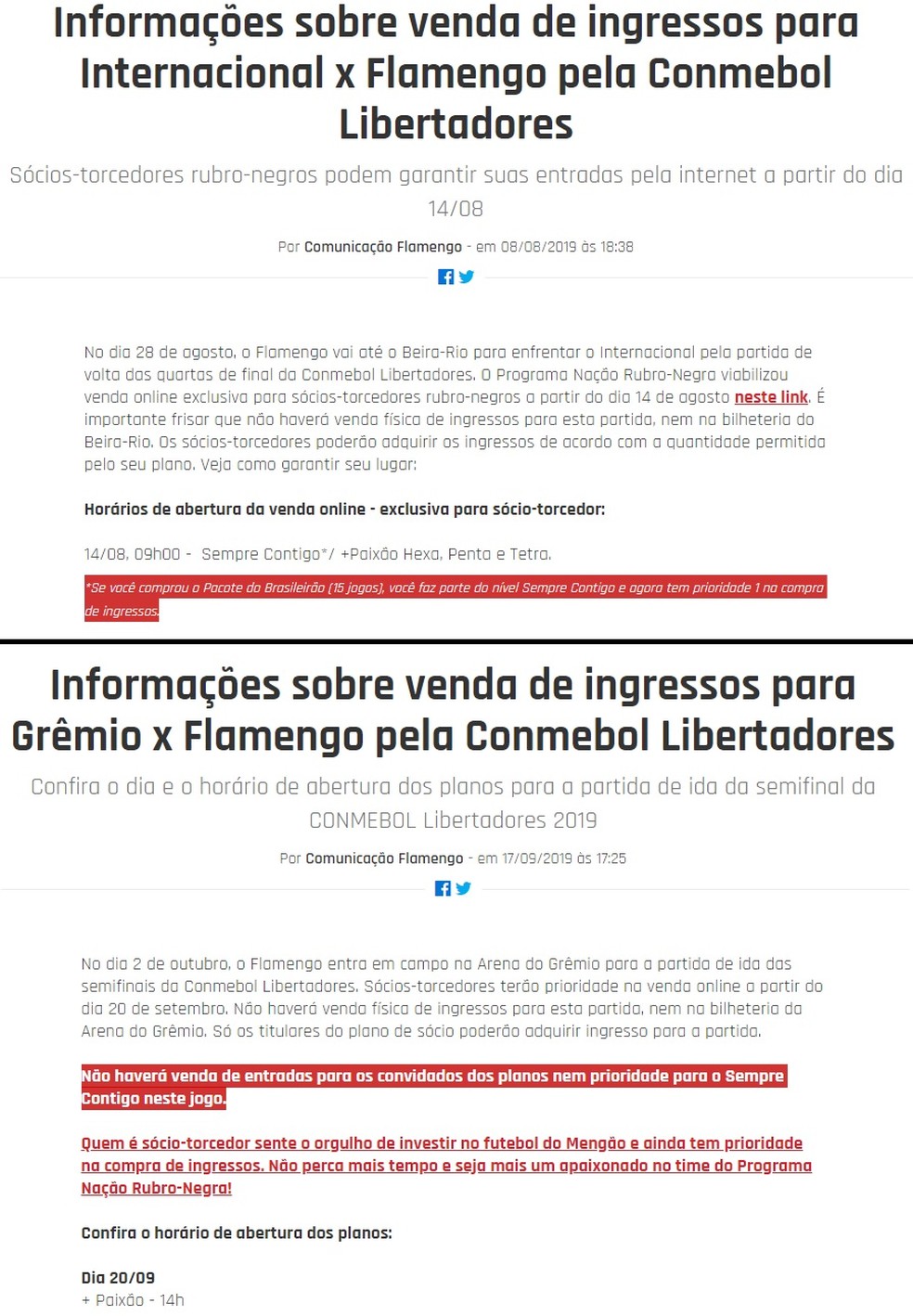 Notícias no site oficial tratam de forma diferente prioridade do pacote contra Inter e Grêmio — Foto: Reprodução