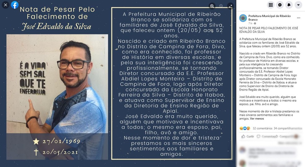 Prefeitura de Ribeirão Branco (SP) fez homenagem à diretor José Edvaldo da Silva, que morreu em Fernando de Noronha (PE) — Foto: Reprodução/Facebook
