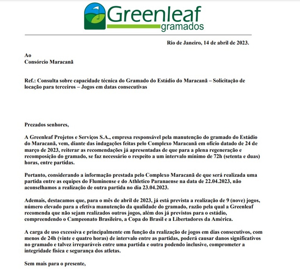 Laudo da Greenleaf sobre o gramado do Maracan&atilde; &mdash; Foto: Reprodu&ccedil;&atilde;o