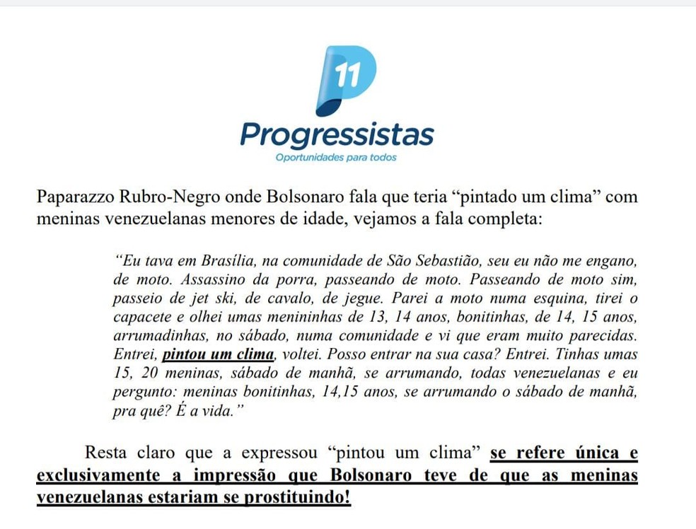PP defende Bolsonaro em documento contra Janones na Câmara — Foto: Reprodução