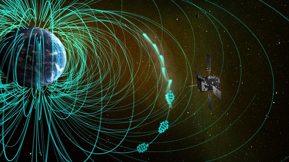 A espaçonave da missão ERG (Exploration of energization and Radiation in Geospace)  observou ondas de coro e elétrons dispersos na magnetosfera, a origem das auroras de pulsação. Os elétrons dispersos precipitaram na atmosfera resultando em iluminação auroral (Foto: 2018 ERG Science Team)