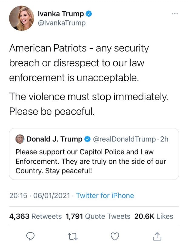 Ivanka Trump havia chamado invasores do Capitólio de patriotas em um tuíte que foi apagado (Foto: Reprodução / Twitter)