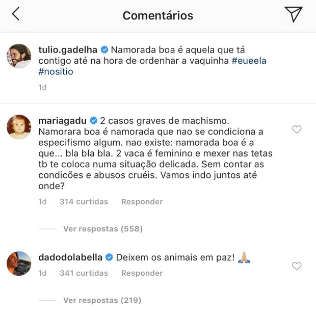 Maria Gadú e Dado Dolabella comentam em foto de Túlio Gadêlha (Foto: Reprodução/Instagram)