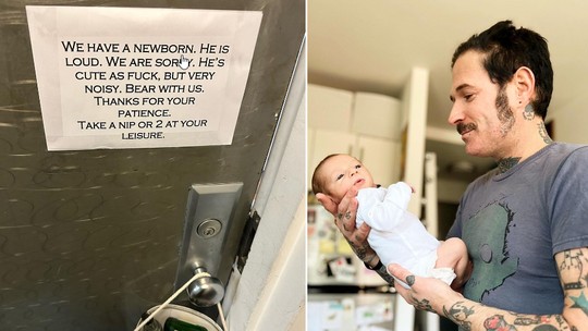 Novos pais colocam cartaz e bebida para avisar os vizinhos: "Temos um recém-nascido. Ele é barulhento"