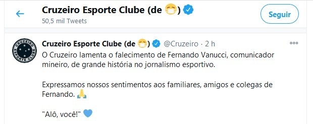 Cruzeiro lamenta morte de Fernando Vannucci (Foto: Reprodução/Twitter)
