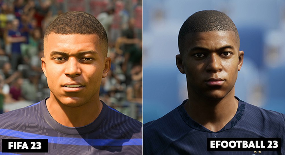 eFootball 2023 x FIFA 23: compare a face de Mbappé nos dois jogos — Foto: Infoesporte