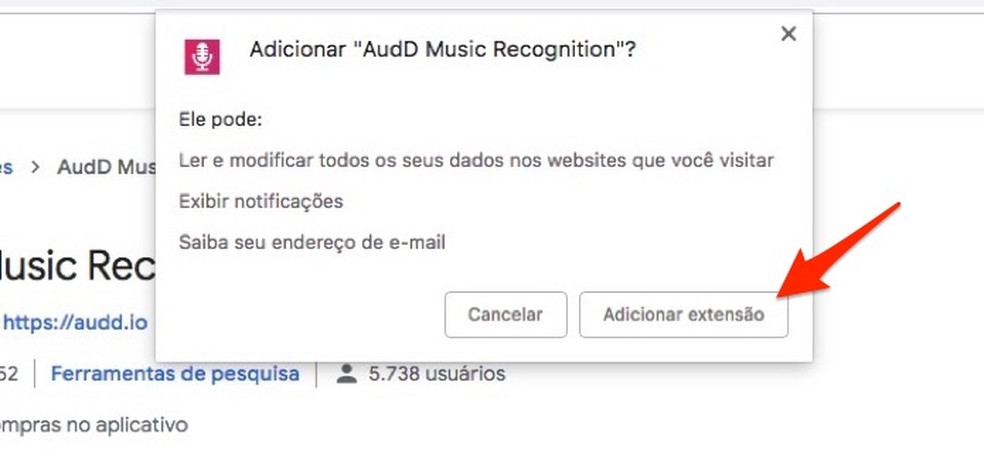 Ação para instalar no Chrome a extensão de reconhecimento de músicas AudD Music Recognition — Foto: Reprodução/Marvin Costa