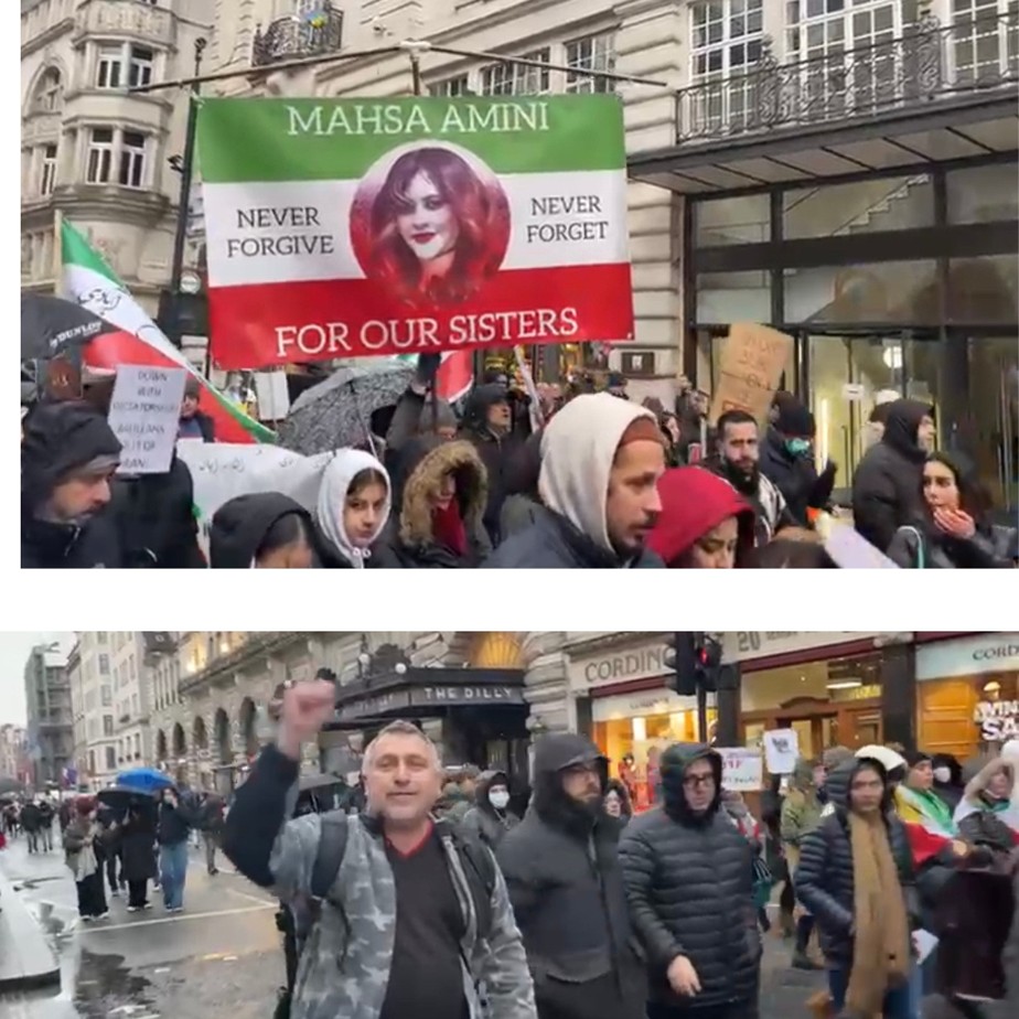 Trinta  mil pessoas protestam em Piccadilly, principal rua do centro de Londres,  contra as execuções no Irã. Na foto abaixo, o advogado brasileiro Ary Bergher