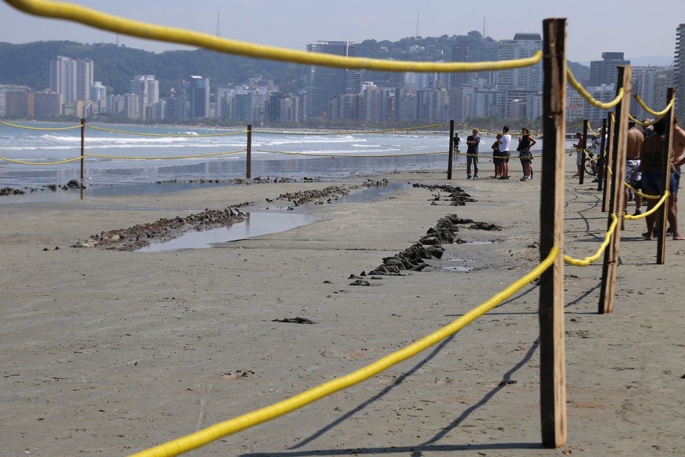 Destroços de navio foram encontrados na Praia do Embaré (Foto: José Claudio Pimentel/G1)