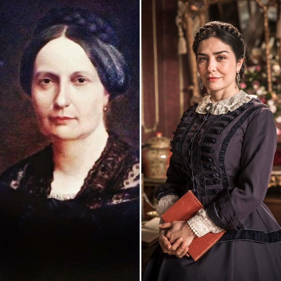 A imperatriz Teresa Cristina real e na ficção, que será interpretada por Leticia Sabatella em 'Nos Tempos do Imperador' — Foto: Arquivo/Globo/Paulo Belote