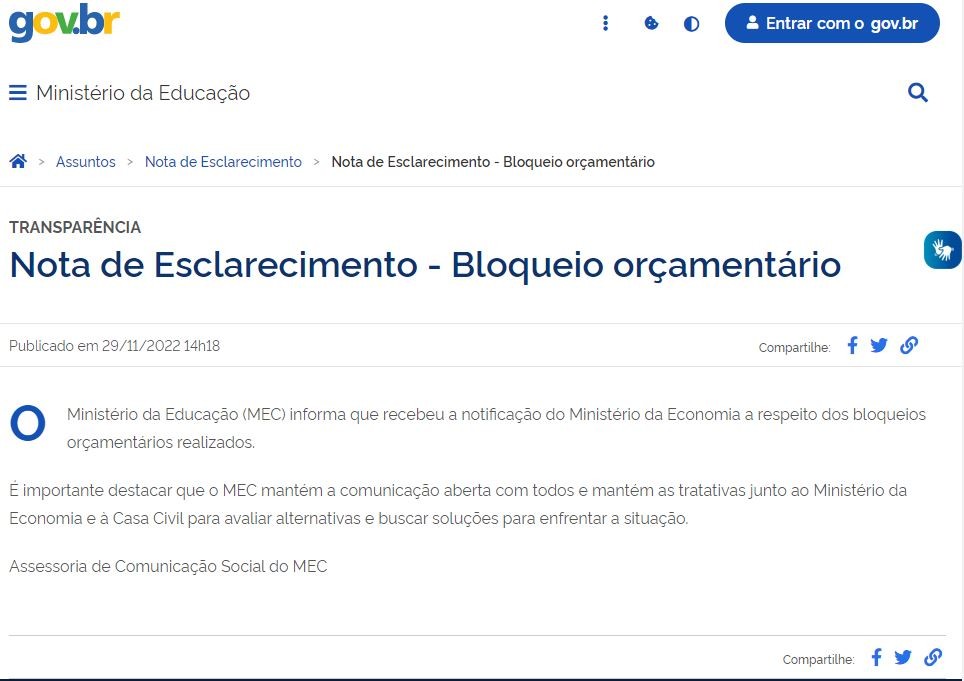 MEC não detalha bloqueio de verba para universidades, diz ter sido notificado e que busca 'soluções'