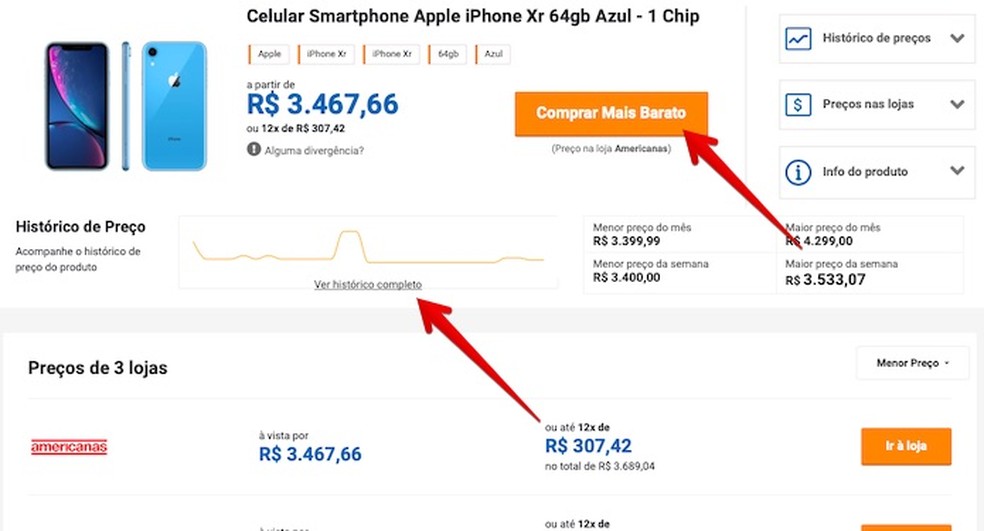 Visualizando informações e histórico de preços — Foto: Reprodução/Helito Beggiora