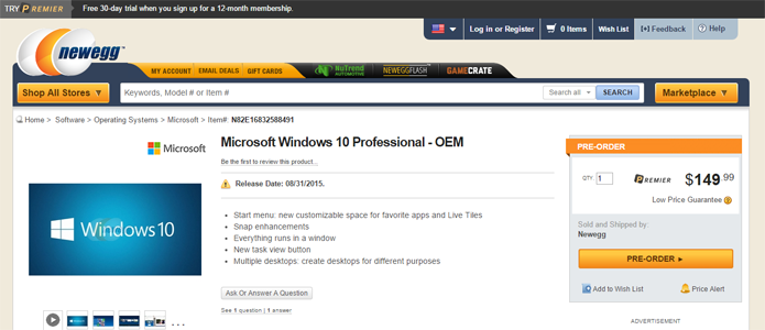 Novo Windows deve ser lançado no final de agosto, segundo loja (Foto: Reprodução/Newegg)