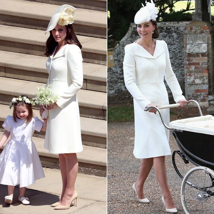 Kate Middleton de vestido Alexander McQueen para o casamento de Meghan e Harry (esq.) e no batizado da Princesa Charlotte (Foto: Getty)