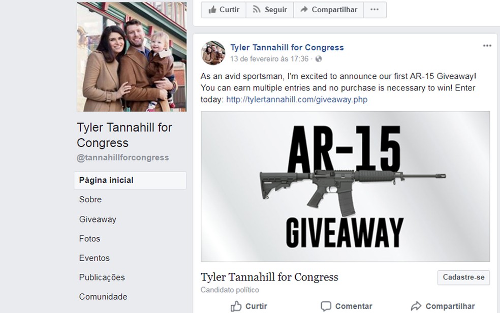 Anúncio do sorteio de um rifle AR-15 publicado no perfil da campanha do republicano Tyler Tannahill (Foto: Reprodução/Facebook/Tyler Tannahill for Congress)