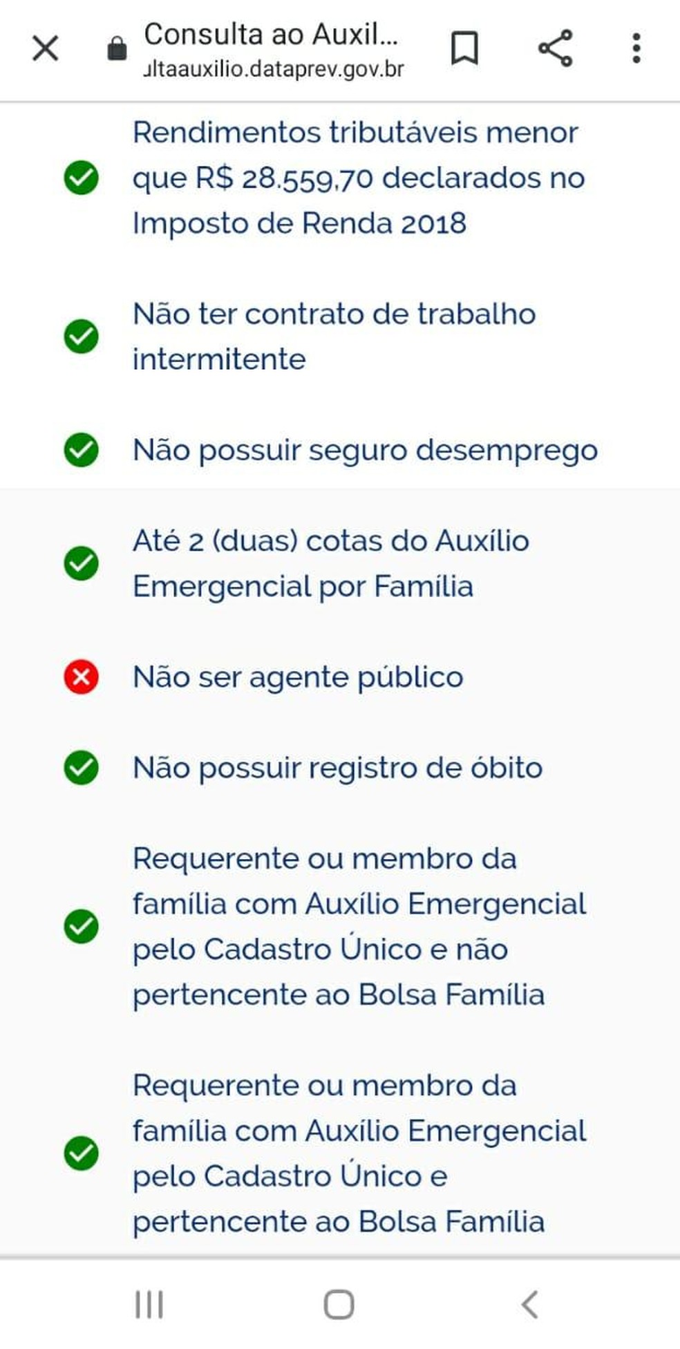 no site de consulta da Dataprev h a informao de que ela no atendeu os requisitos para receber o valor por ter cargo pblico e emprego formal.   Foto: /Simony Ferreira