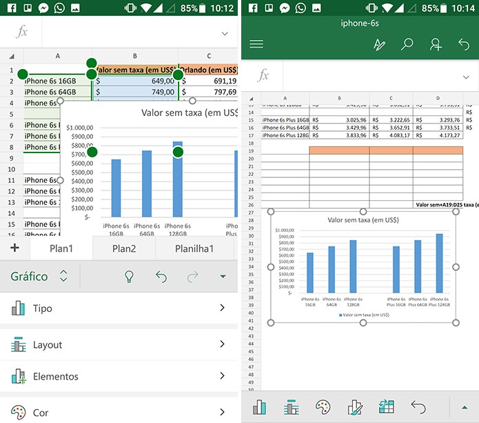 Gráfico será inserido por cima da tabela do Excel para Android (Foto: Reprodução/Elson de Souza)