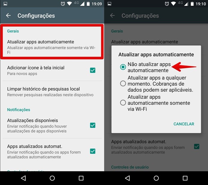 Desativando a atualização de apps automaticamente (Foto: Reprodução/Felipe Alencar) Desativando a atualização de apps automaticamente (Foto: Reprodução/Felipe Alencar)