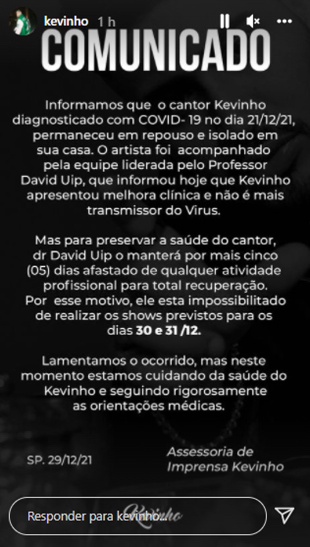 Kevinho cancela shows depois de testar positivo para Covid-19 (Foto: Reprodução/Instagram)