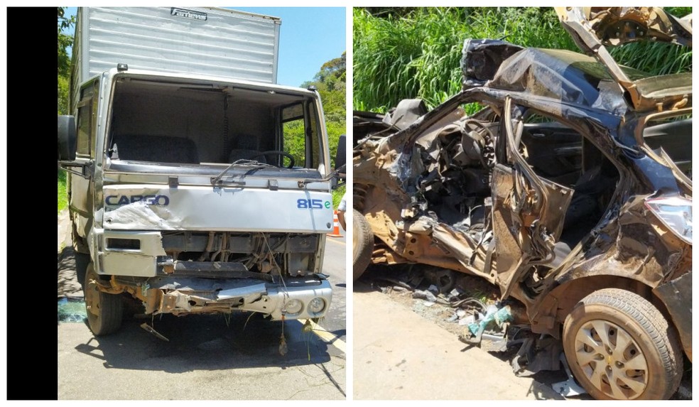 Acidente entre caminhão e carro deixou quatro pessoas feridas na BR-262, em Marechal Floriano, ES — Foto: Reprodução/PRF