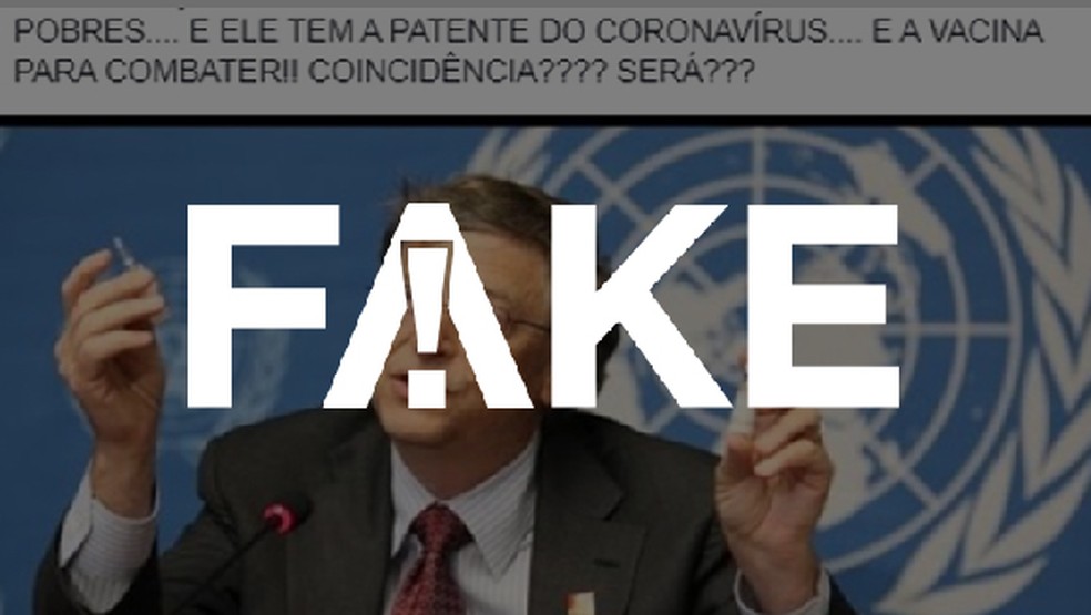 É #FAKE que Bill Gates obteve a patente do coronavírus em 2015 — Foto: Reprodução